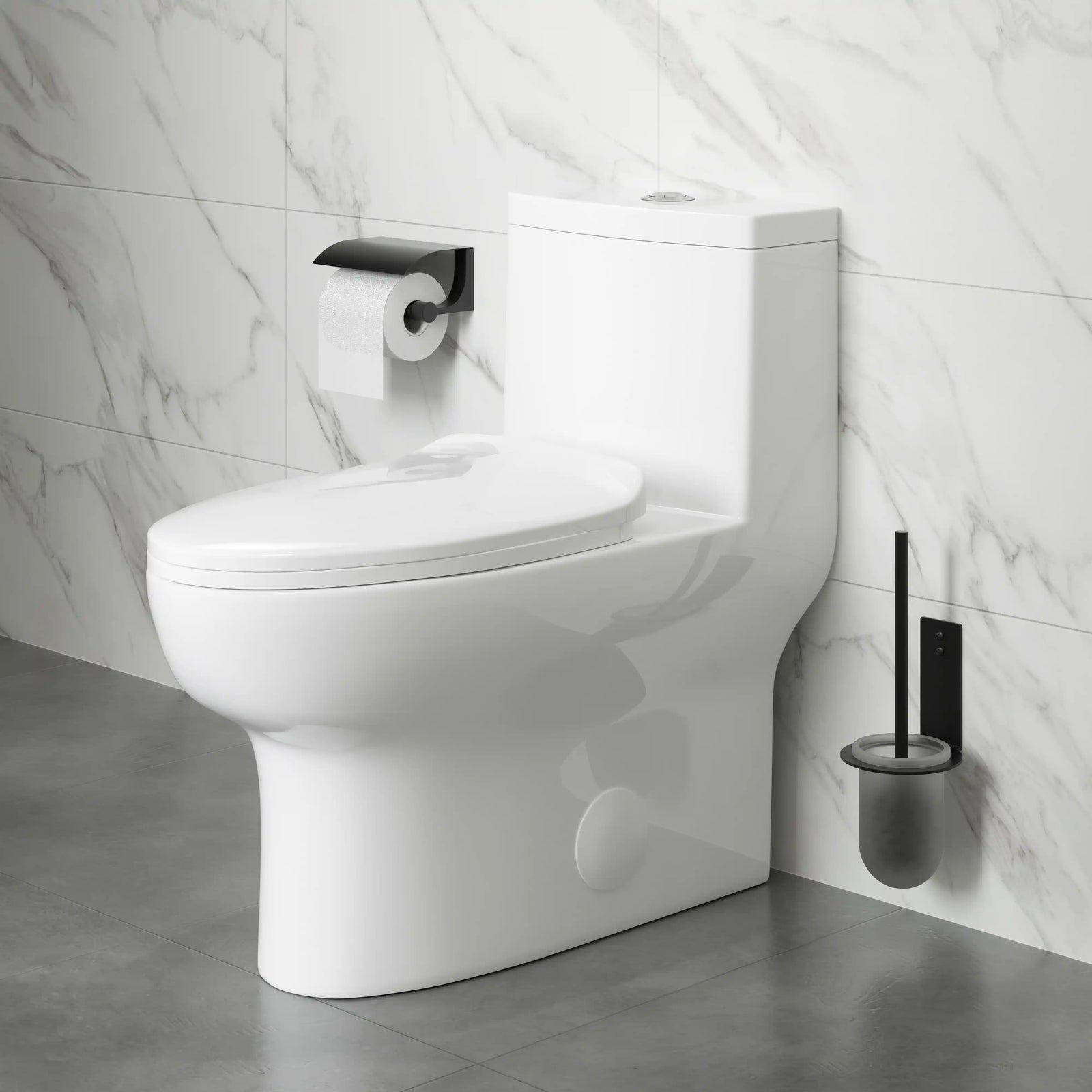 Modern white ceramic one-piece skirted toilet with dual flush button.#flush-type_top-dual-flush