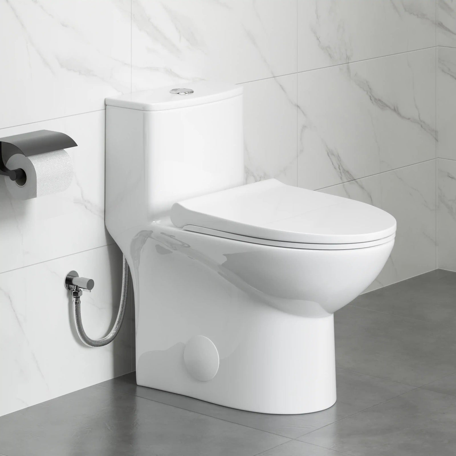 White Eridanus one-piece elongated toilet, dual-flush, soft-close.