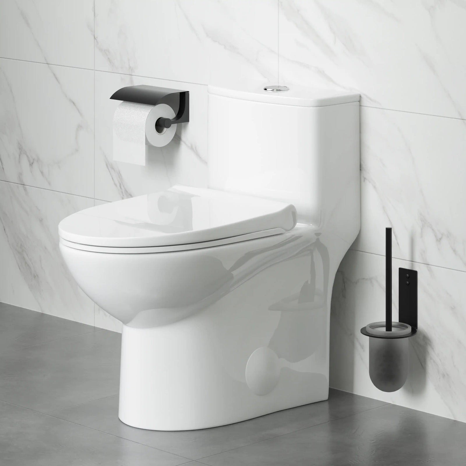 White Eridanus one-piece elongated toilet, top dual-flush, skirted.