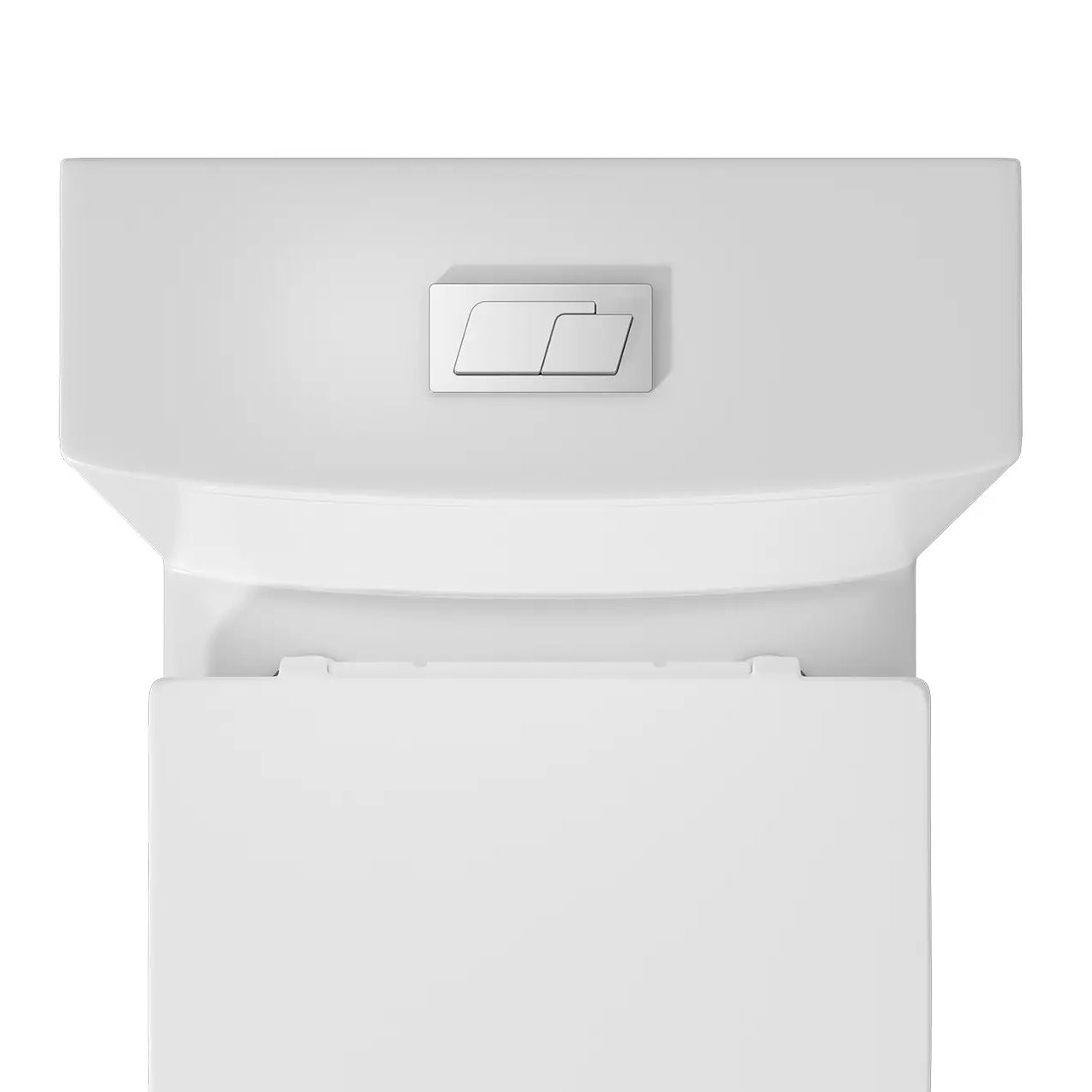 White toilet tank with top-mounted chrome dual flush button.