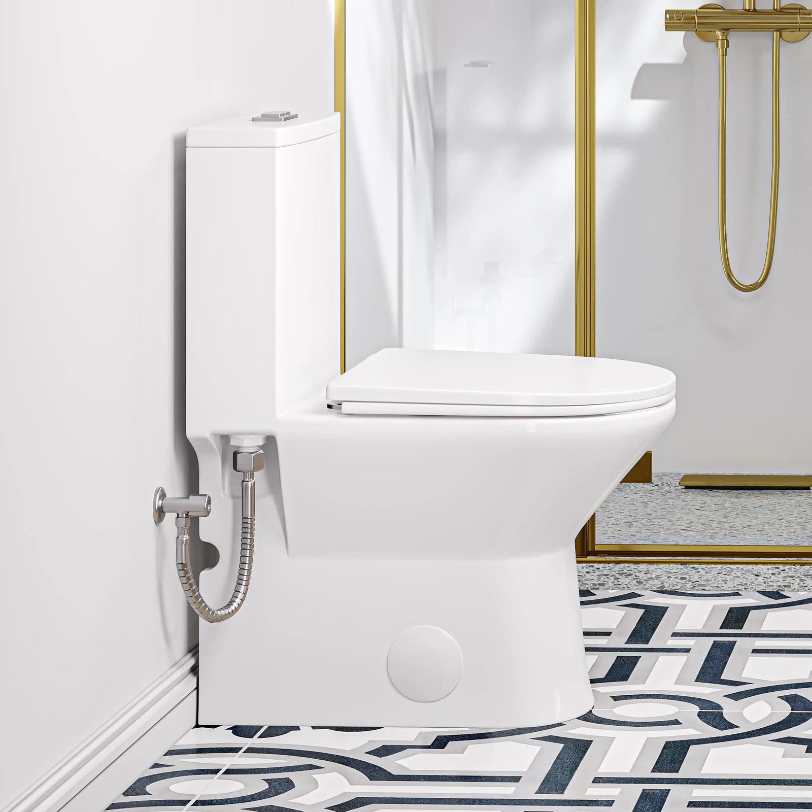Eridanus white one-piece toilet with a sleek skirted design.