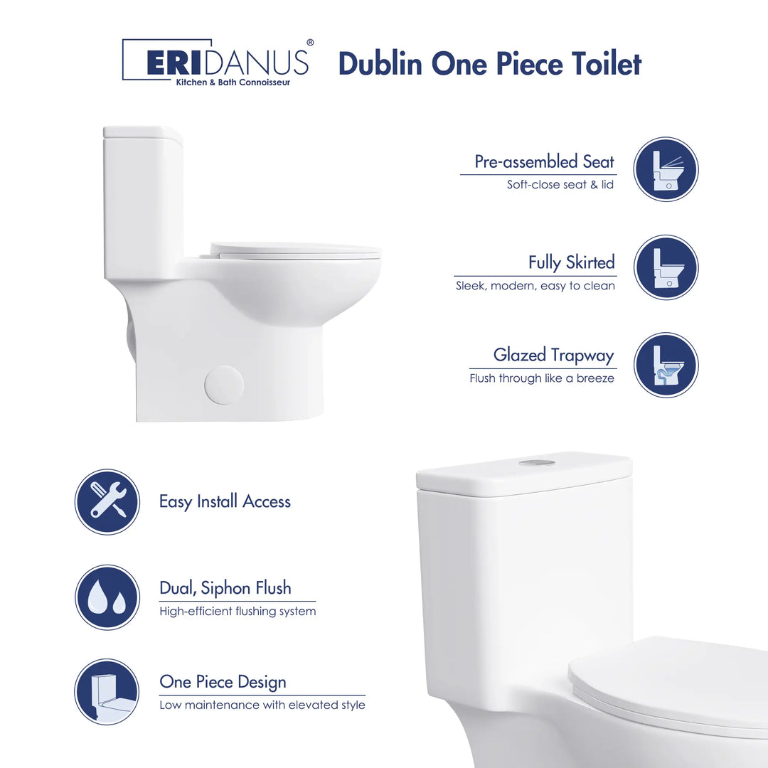 Dublin 1.1/1.6 GPF Elongated Chair Height One-Piece Toilet, Floor Mounted (Seat Included)