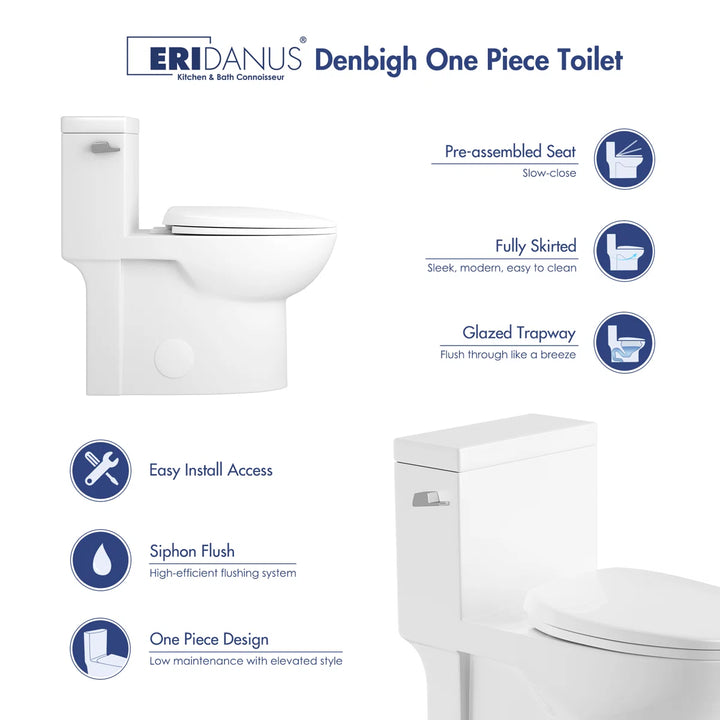 Denbigh One-Piece Toilet – Dual or Single Flush, Comfort Height (Seat Included)