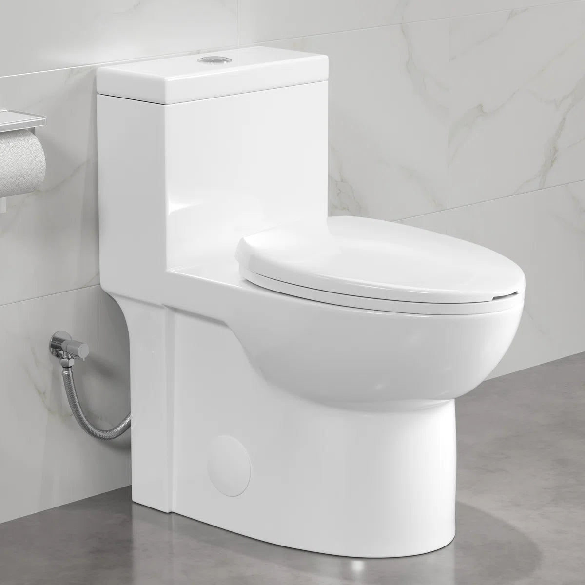 Sleek Eridanus white one-piece skirted toilet with dual flush.#flush-type_top-dual-flush