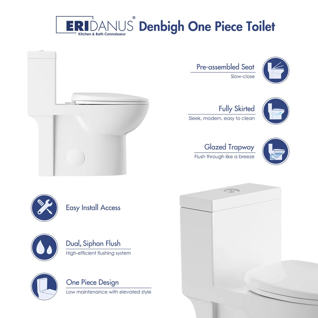 Denbigh One-Piece Toilet – Dual or Single Flush, Comfort Height (Seat Included)