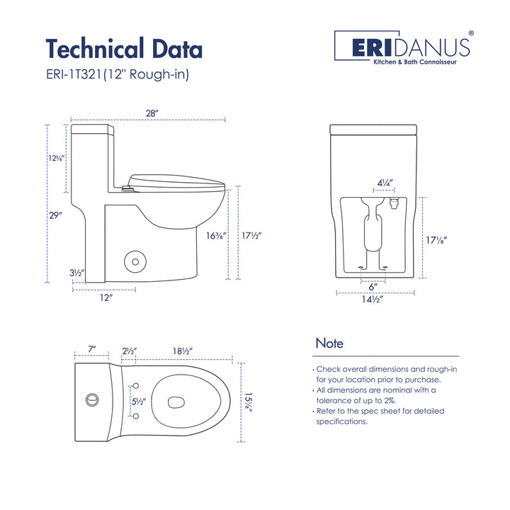 Denbigh One-Piece Toilet – Dual or Single Flush, Comfort Height (Seat Included)