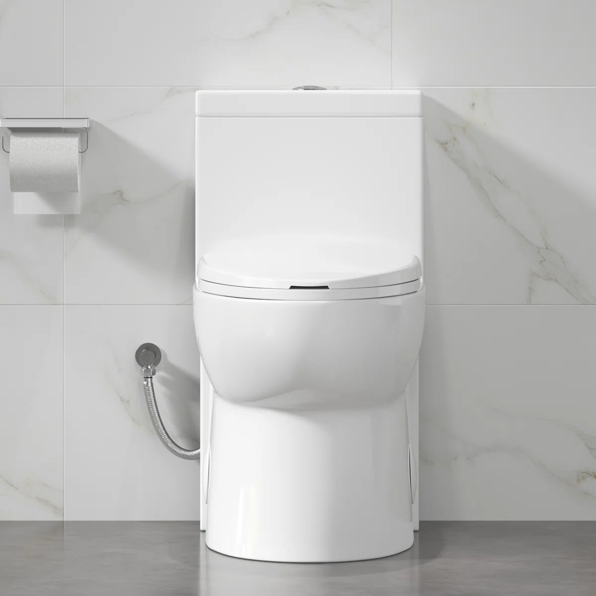 Front view of white Eridanus one-piece skirted toilet.#flush-type_top-dual-flush