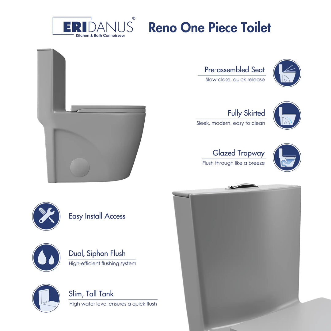 Reno One-Piece Chair Height Elongated Toilet, 1.1/1.6 GPF Dual Flush, Multiple Colors
