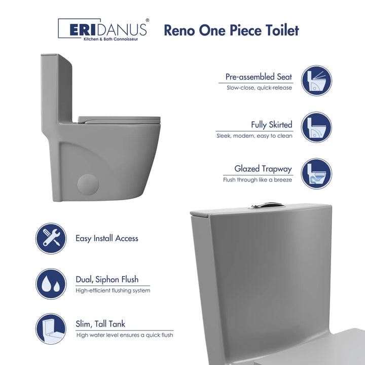 Reno One-Piece Chair Height Elongated Toilet, 1.1/1.6 GPF Dual Flush, Multiple Colors
