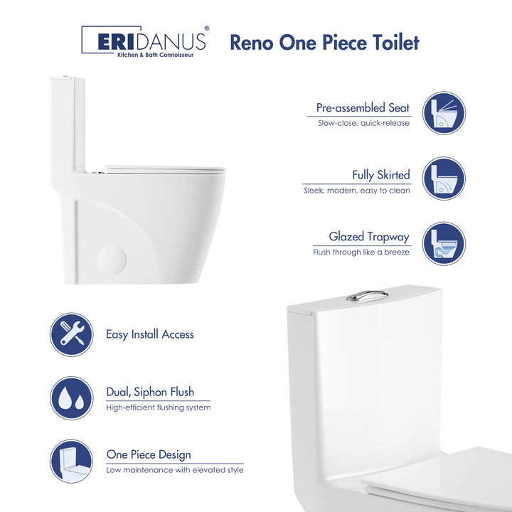 Reno One-Piece Chair Height Elongated Toilet, 1.1/1.6 GPF Dual Flush, Multiple Colors