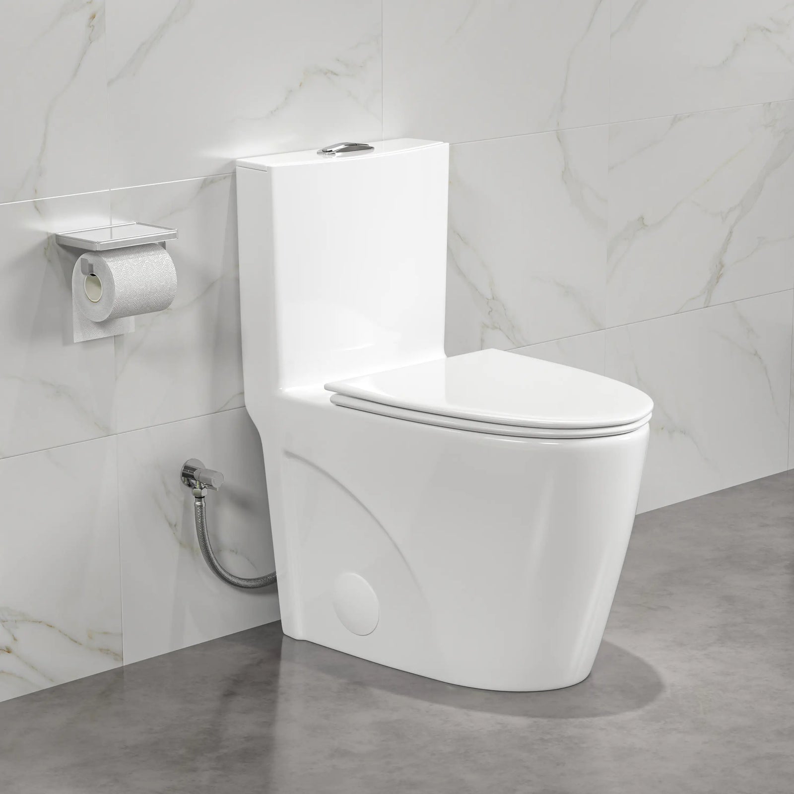 ERIDANUS two-piece dual-flush white ceramic toilet with modern seamless skirted base.#color_white
