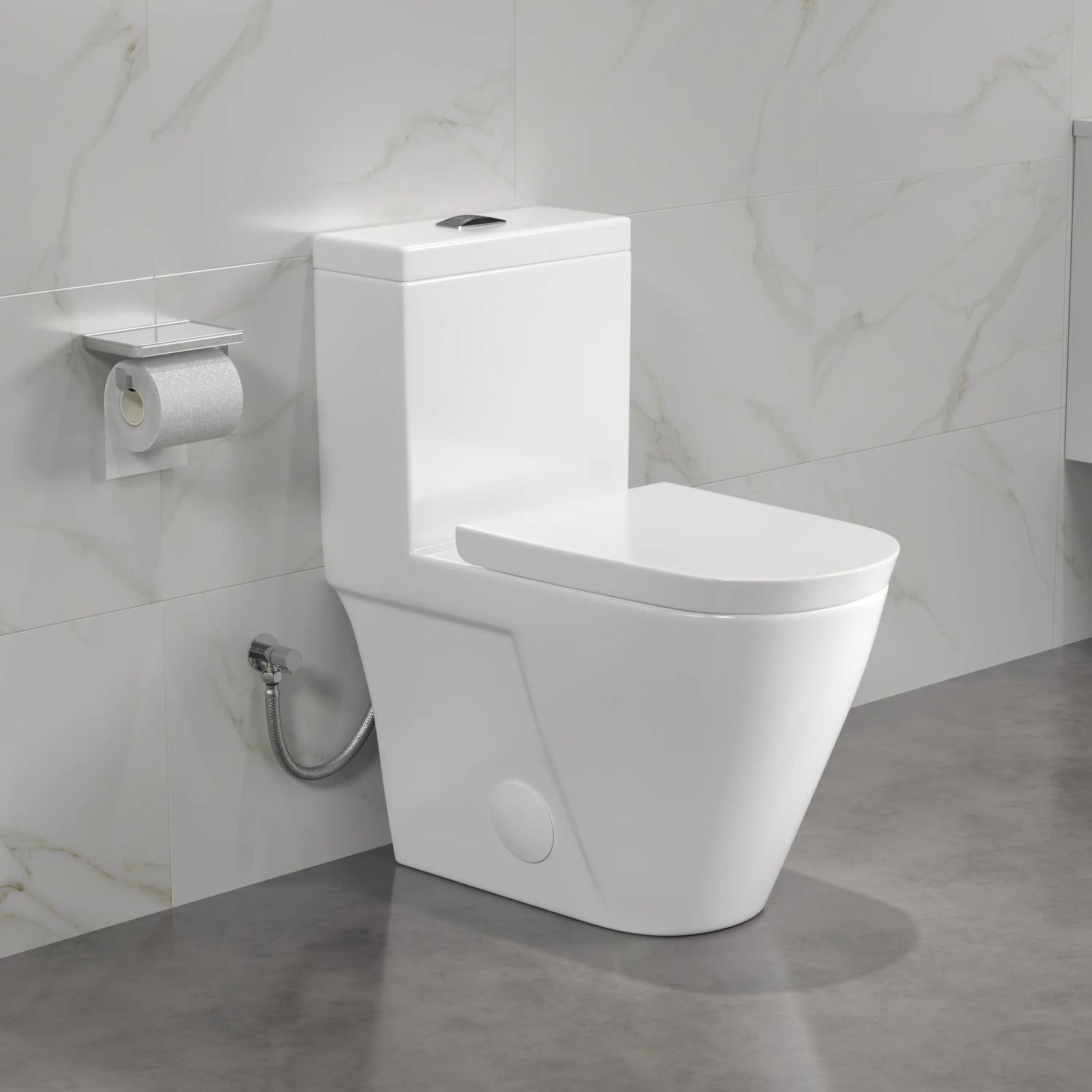 Modern white one-piece skirted ceramic toilet with dual flush button.#colors_glossy-white