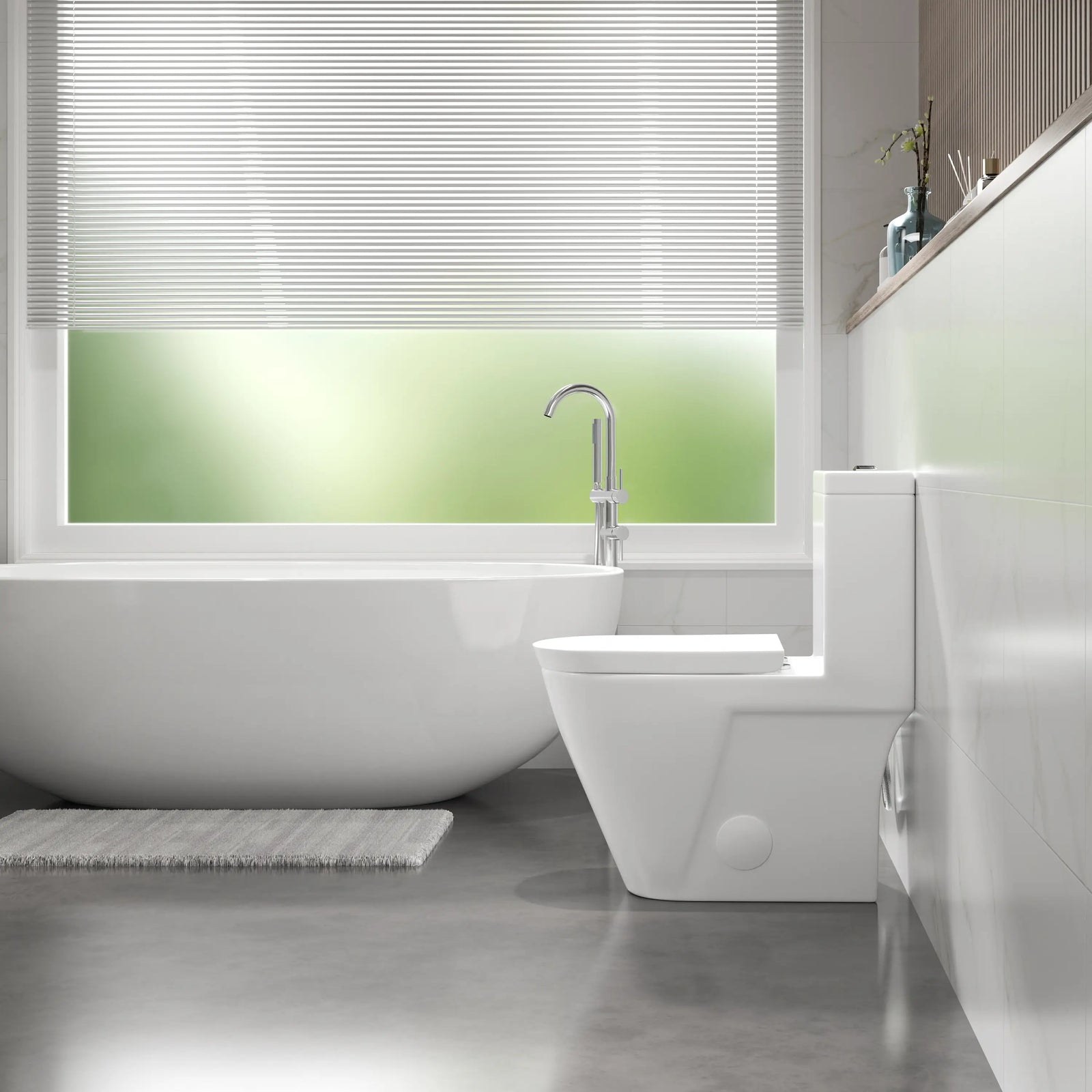 Side view of white sleek one-piece skirted toilet with dual flush.#colors_glossy-white