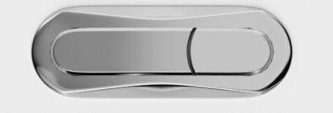 Polished chrome dual flush button for toilet tank.