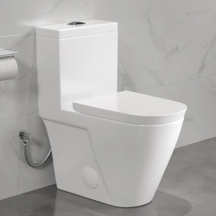 Modern white one-piece dual flush toilet with a skirted trapway.