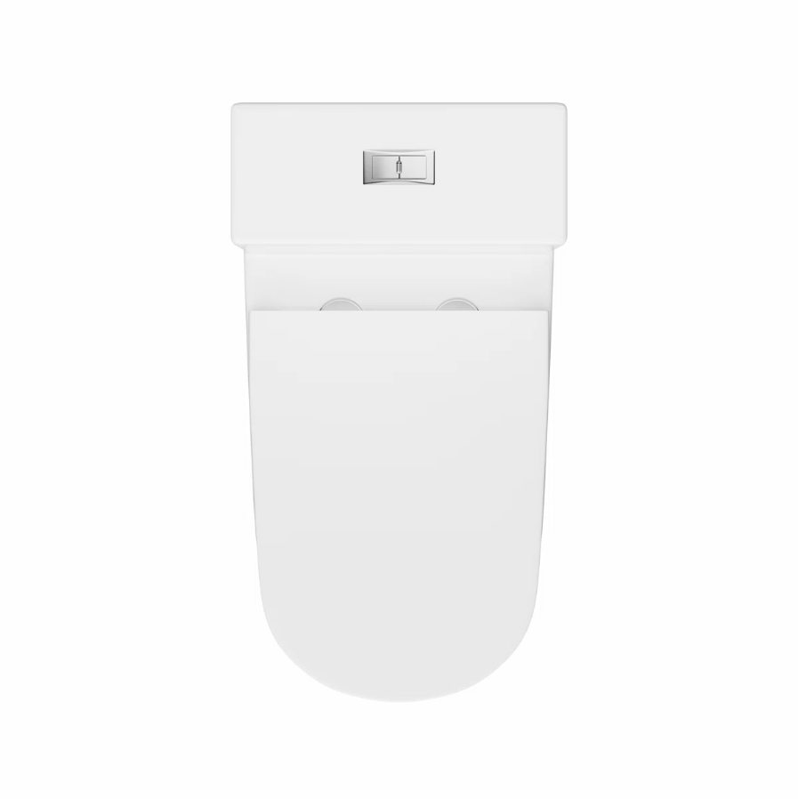 White one-piece toilet top view with chrome dual flush button.