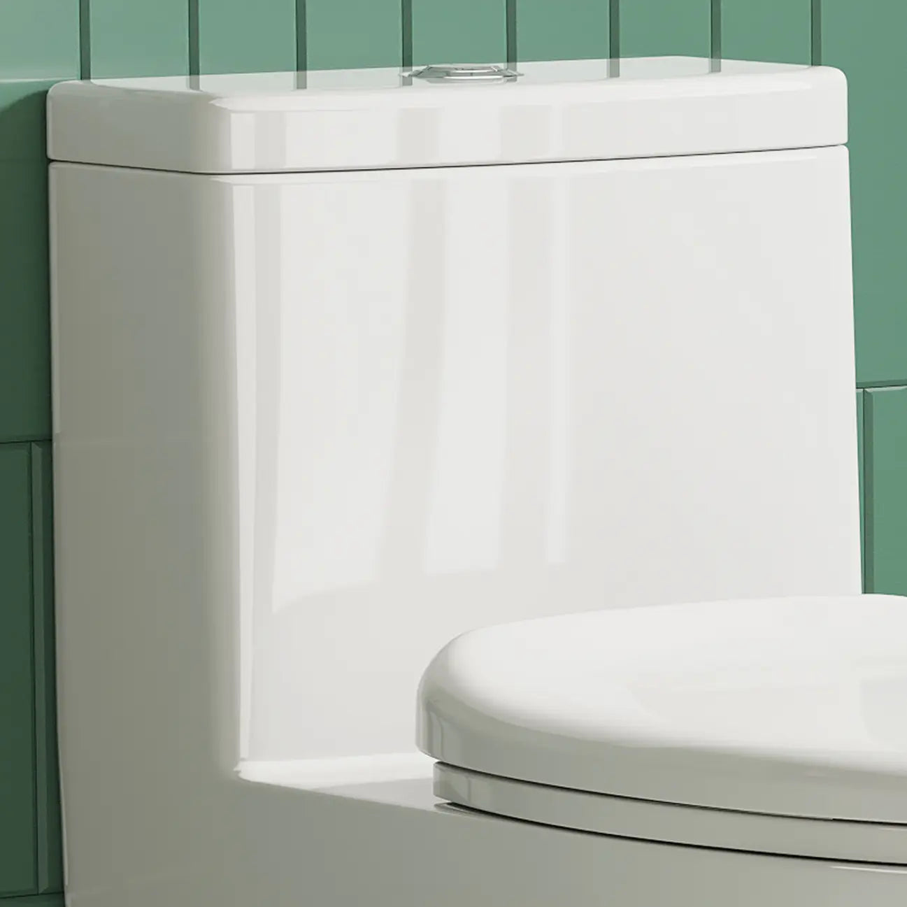 White ceramic toilet tank and closed lid with top flush button.