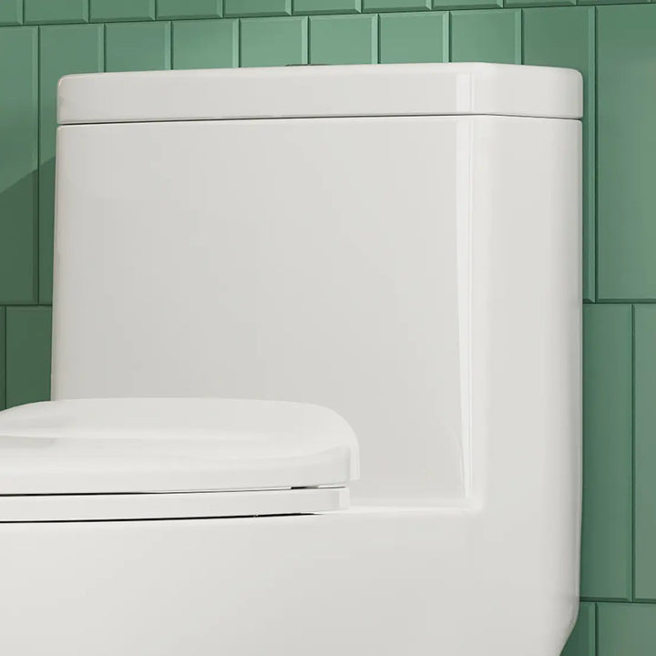 White ceramic toilet tank and closed lid with top flush button.