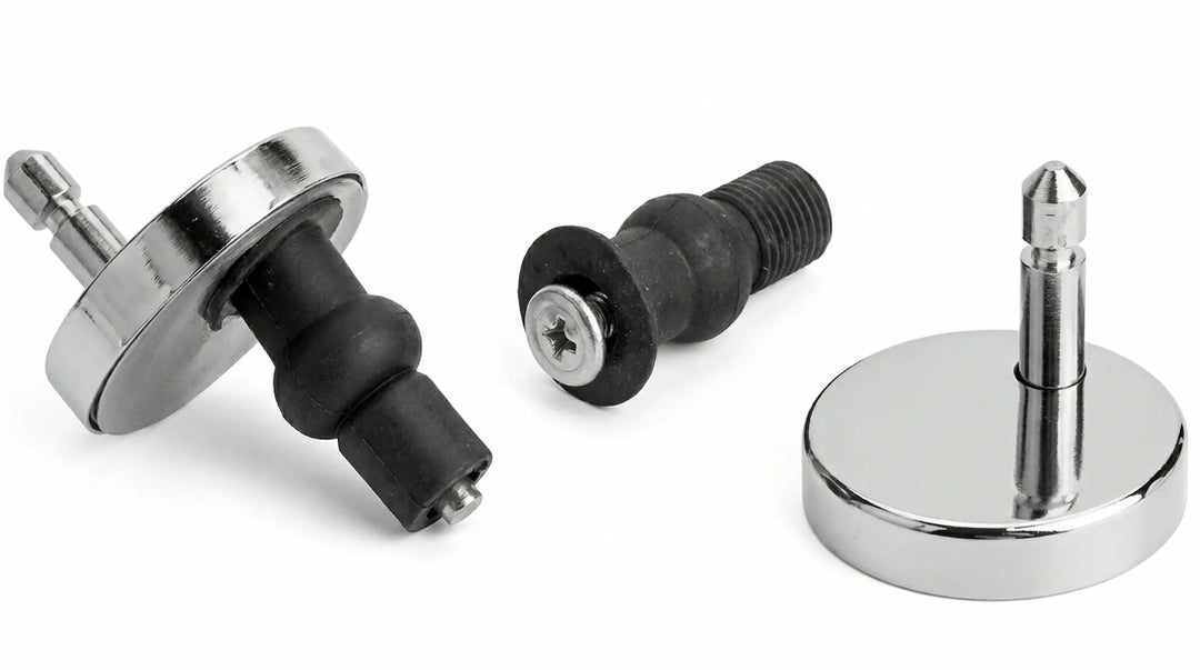 Stainless steel toilet seat hinges with rubber expansion bolts.