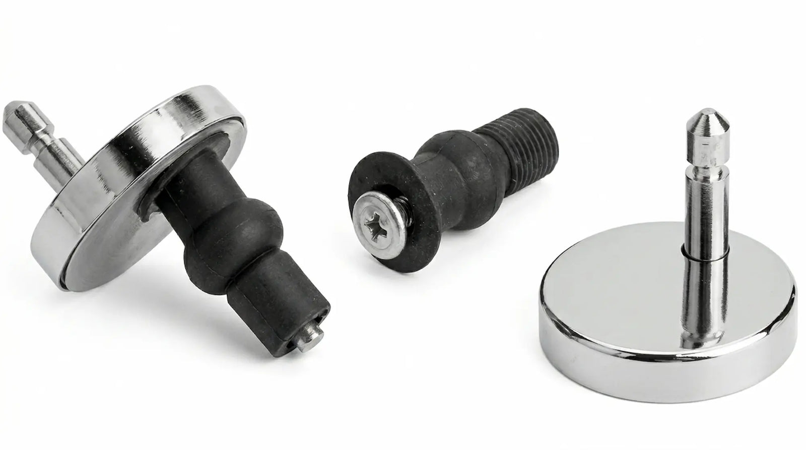 Stainless steel toilet seat hinges with rubber expansion bolts.