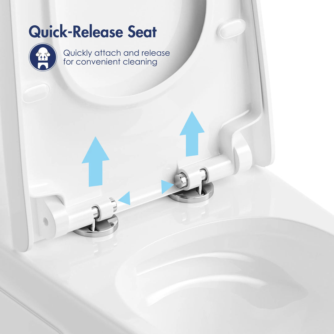 White elongated toilet seat with quick-release hinges for easy cleaning, compatible with ERI-1T365