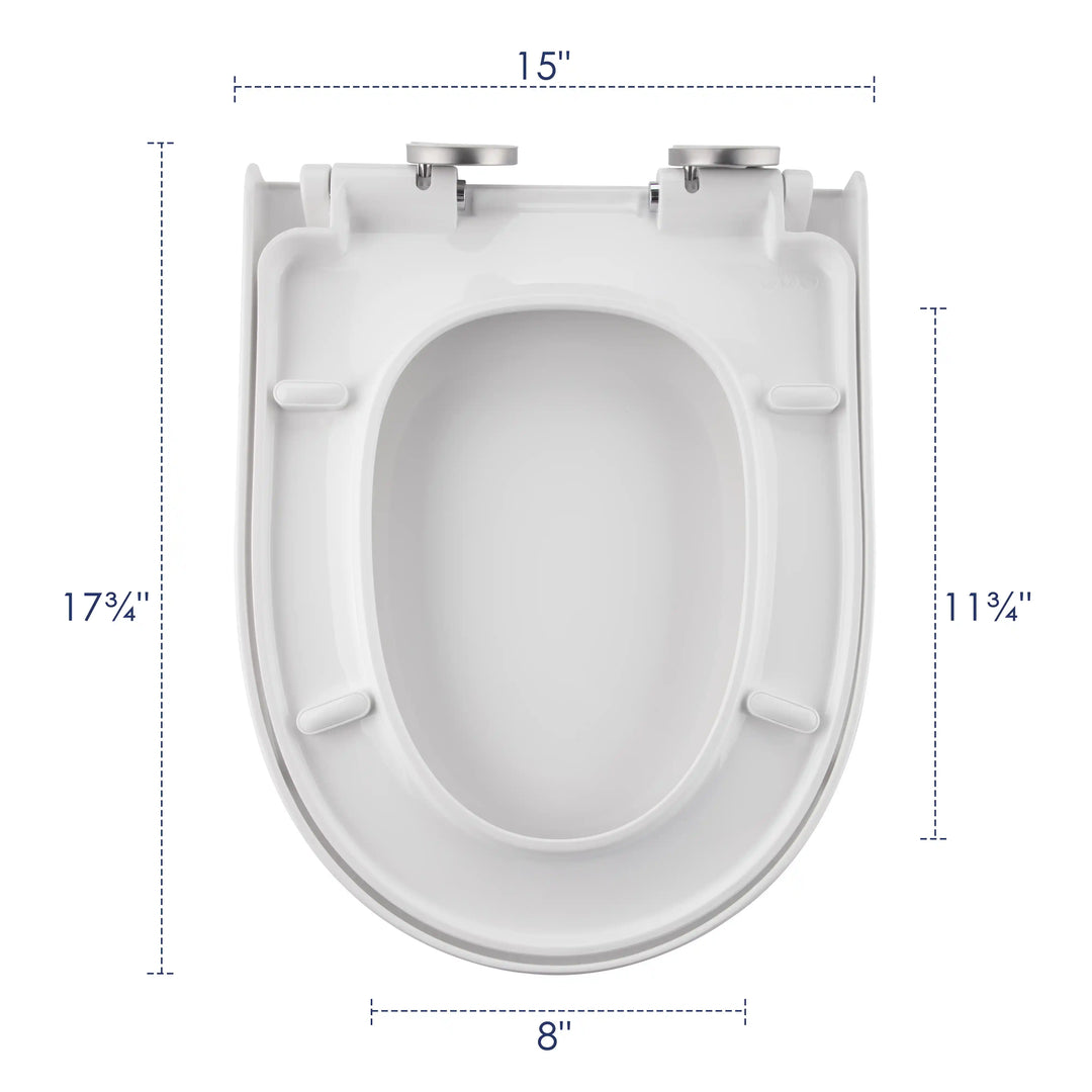 White elongated urea-formaldehyde toilet seat with dimension specs, soft-close & quick-release for ERI-1T365