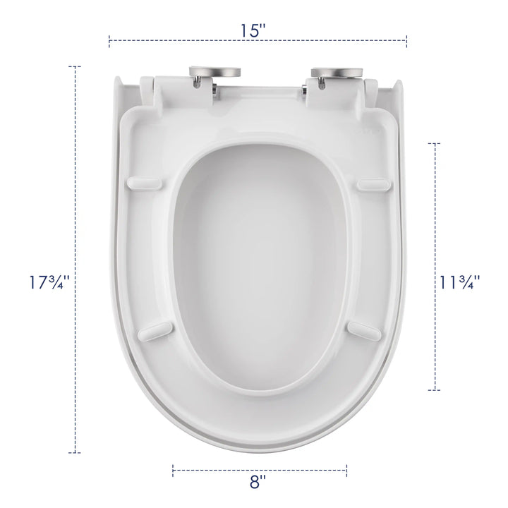 White elongated urea-formaldehyde toilet seat with dimension specs, soft-close & quick-release for ERI-1T365
