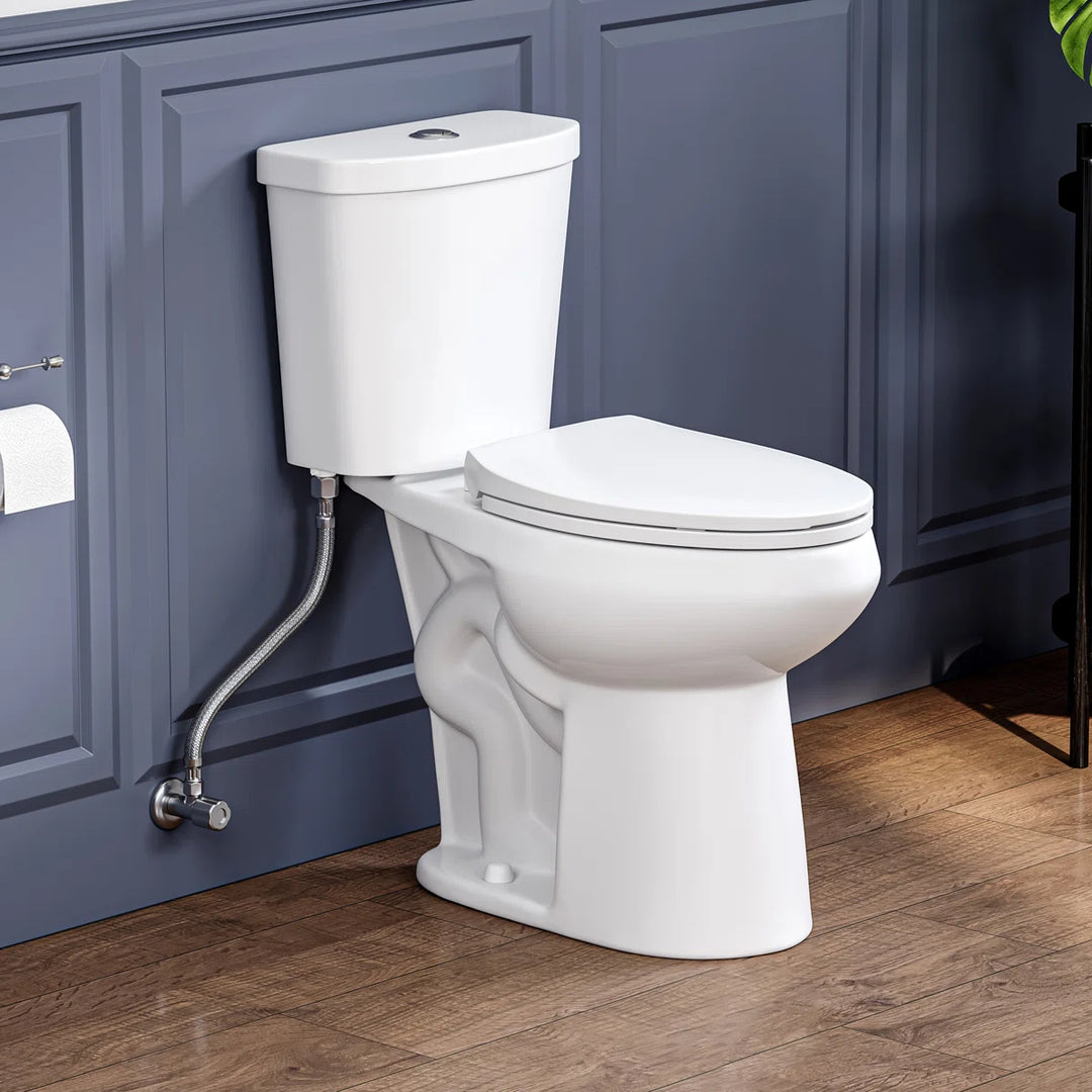 White two-piece elongated toilet with dual flush and soft-close seat.