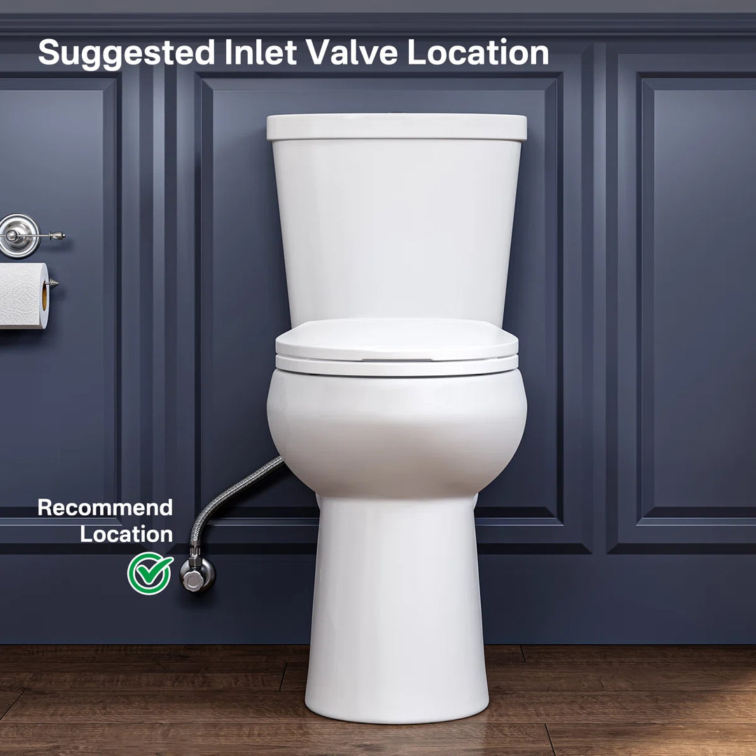 White two-piece toilet with suggested inlet valve location for installation.