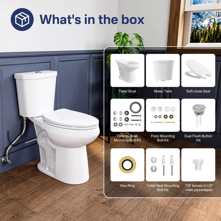 White two-piece toilet kit with bowl, tank, soft-close seat, and hardware.