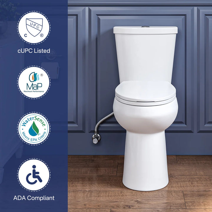 White ADA compliant toilet with cUPC, MaP, and WaterSense certifications.
