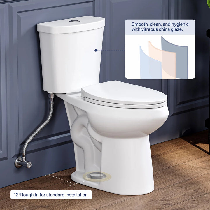 White vitreous china toilet with 12-inch rough-in and hygienic glaze.
