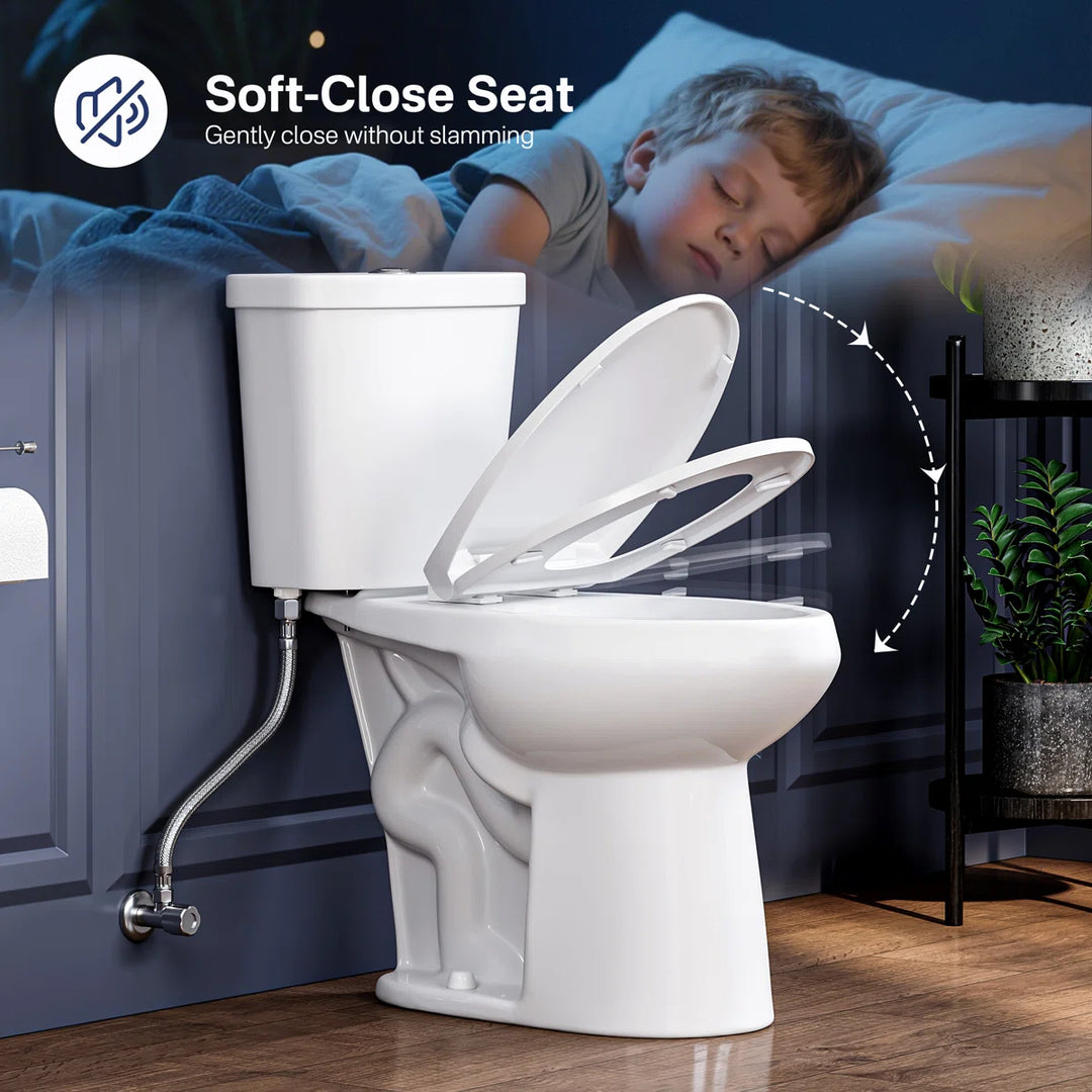White soft-close toilet seat closing gently for quiet night use.
