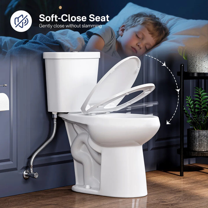 White soft-close toilet seat closing gently for quiet night use.