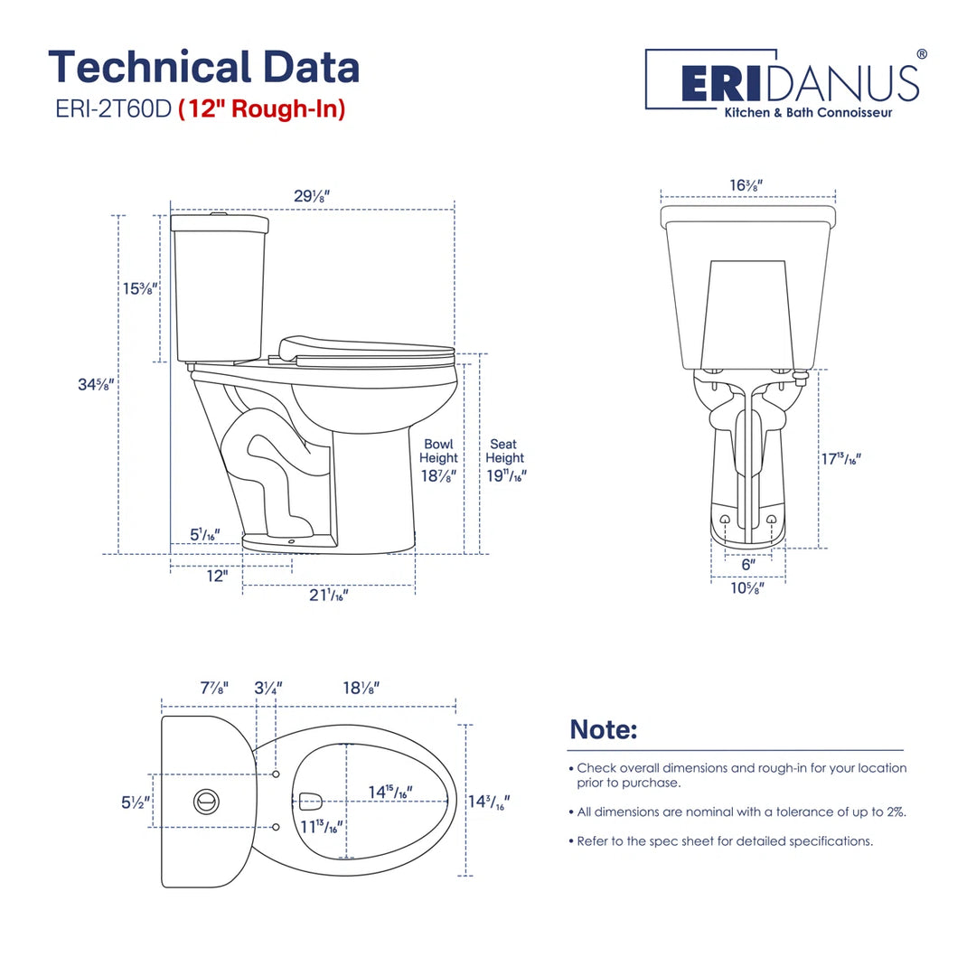 Eridanus ERI-2T60D 12-inch rough-in toilet technical dimensions and specifications.