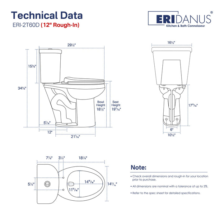 Eridanus ERI-2T60D 12-inch rough-in toilet technical dimensions and specifications.