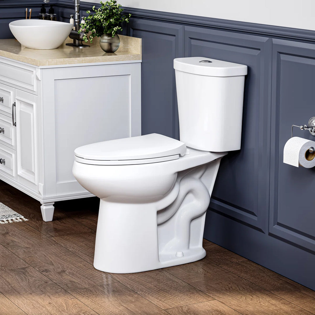 White ceramic two-piece elongated toilet with dual flush and soft-close lid.