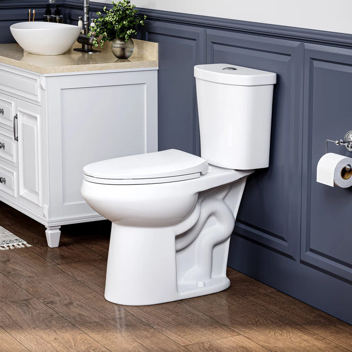 White ceramic two-piece elongated toilet with dual flush and soft-close lid.