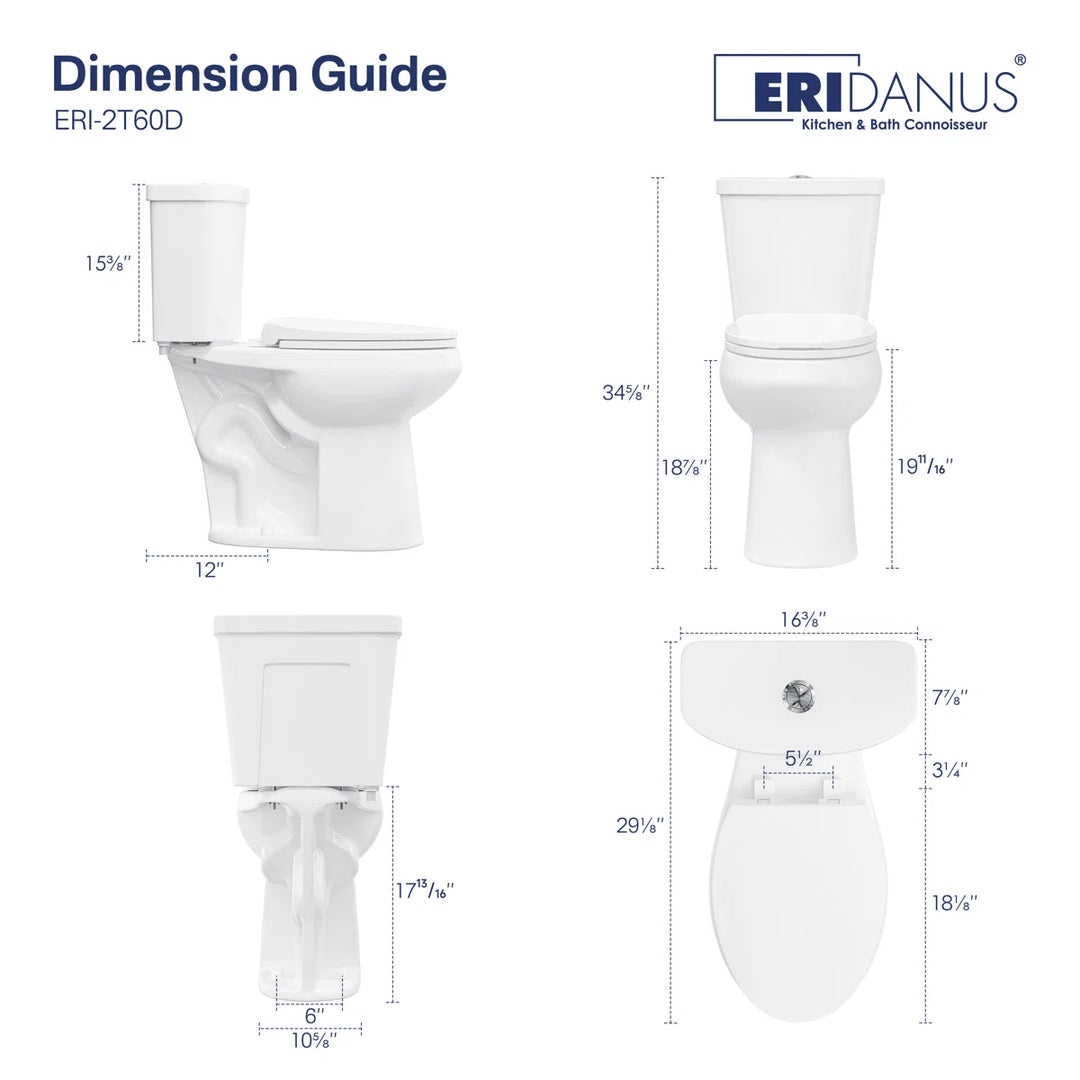 Eridanus ERI-2T60D white two-piece toilet dimension guide and measurements.