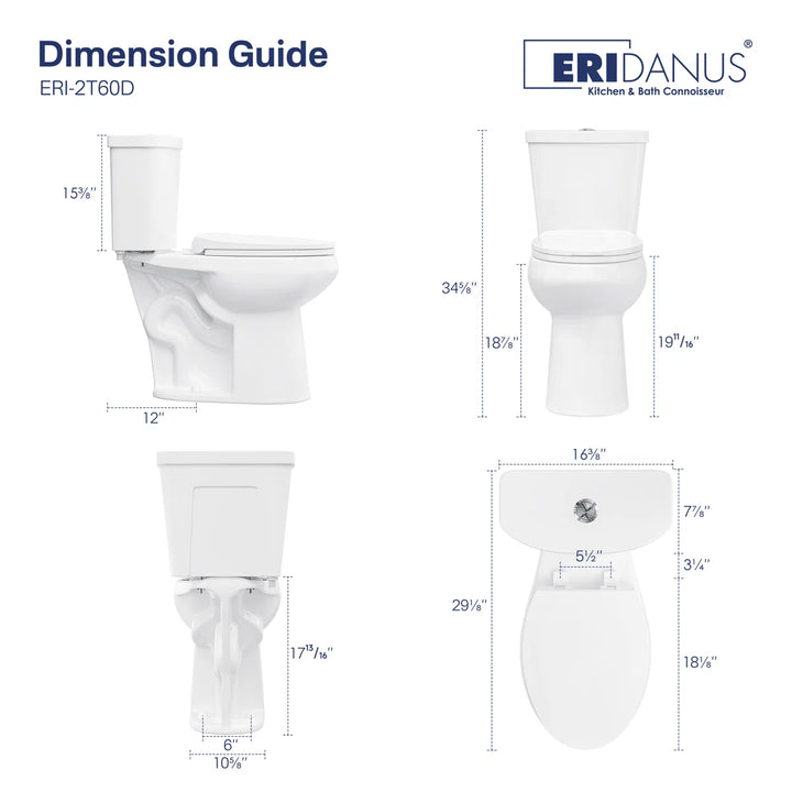 Eridanus ERI-2T60D white two-piece toilet dimension guide and measurements.