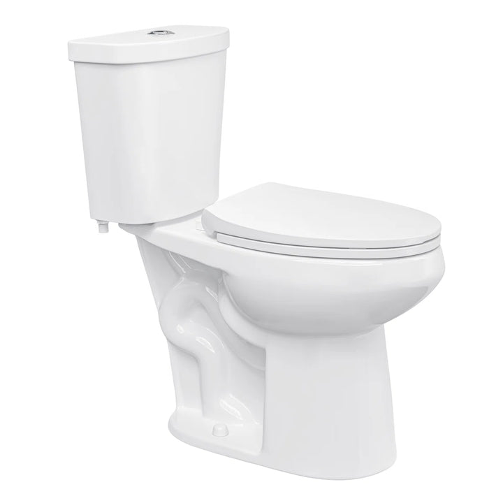 White two-piece elongated toilet with dual flush and soft-close seat.