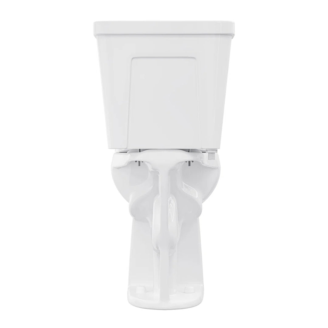 Back view of white two-piece toilet showing tank and trapway structure.