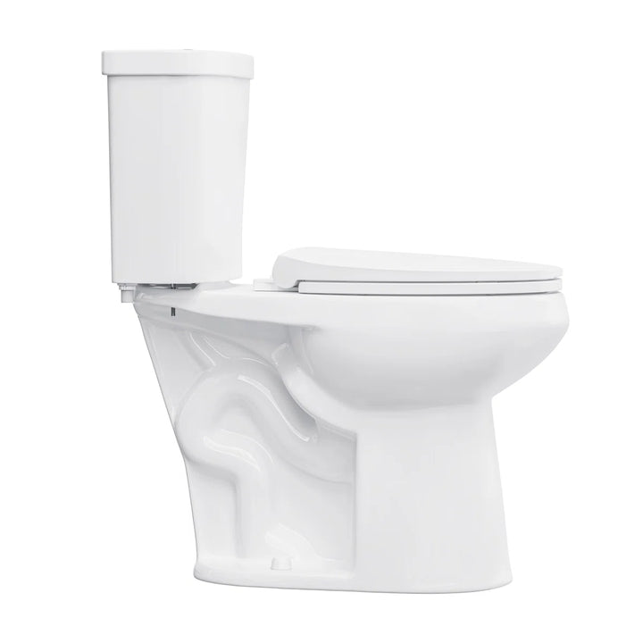 Side view of white two-piece elongated toilet with slim soft-close seat.