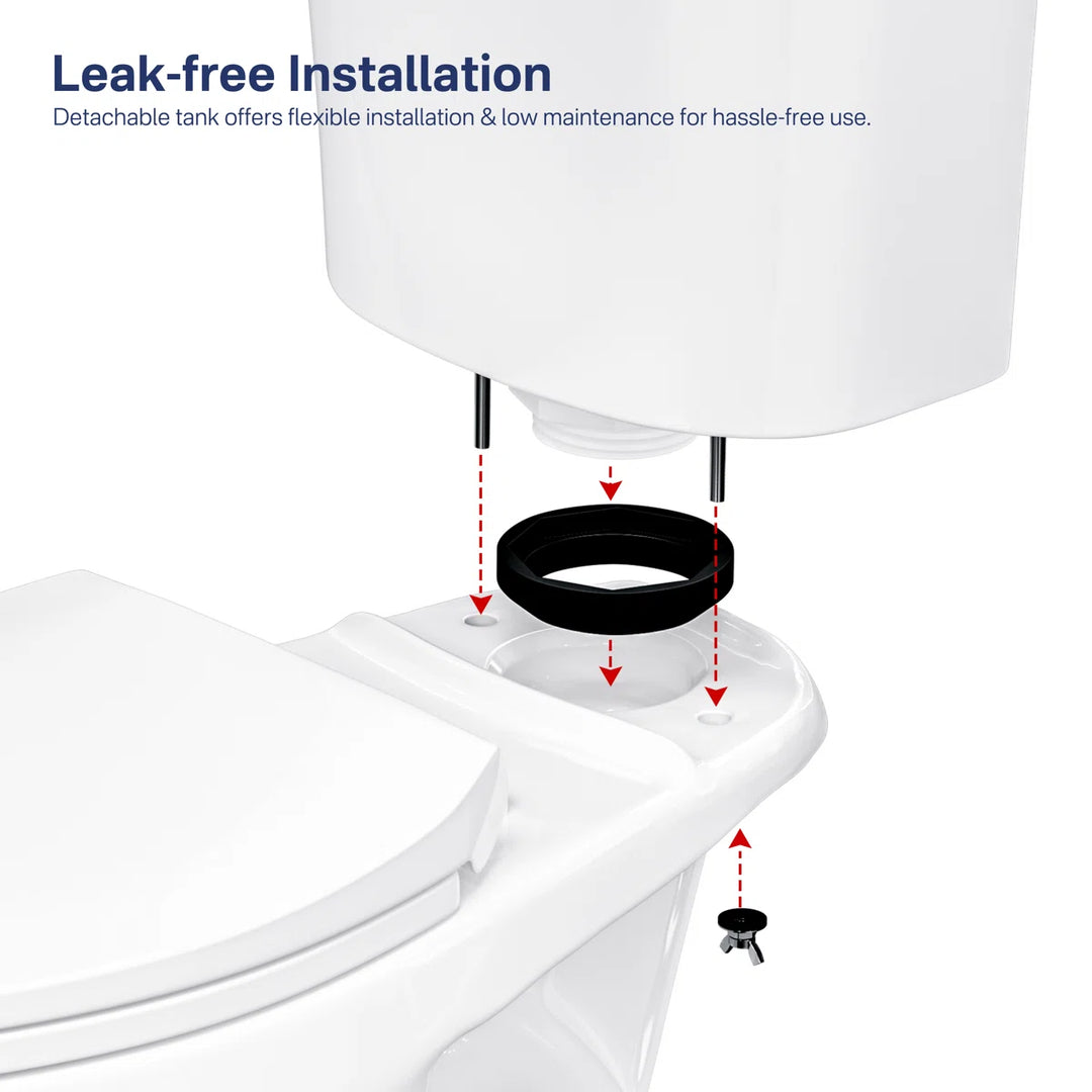 White two-piece toilet with leak-free detachable tank installation.