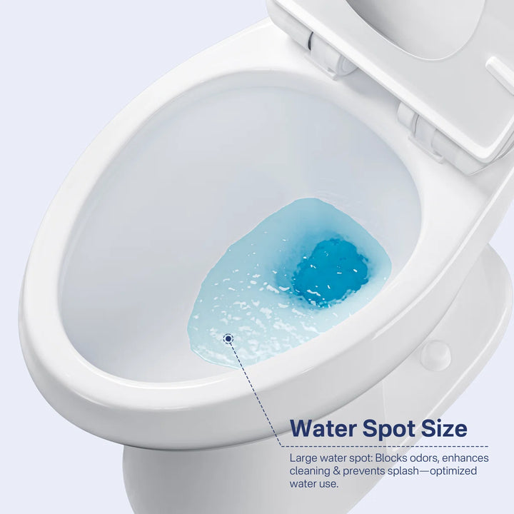 White elongated toilet bowl with large water spot for odor blocking.