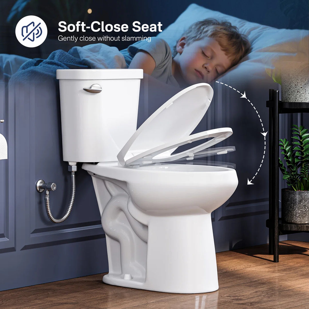 White soft-close toilet seat closing gently for quiet night use.