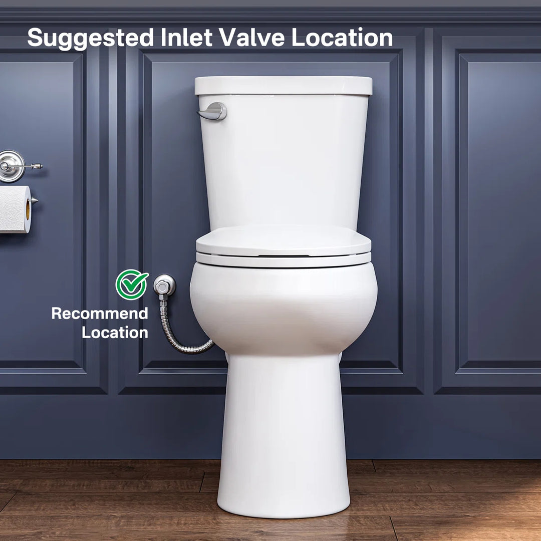 White toilet with suggested inlet valve location guide.