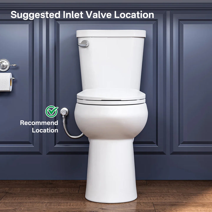 White toilet with suggested inlet valve location guide.