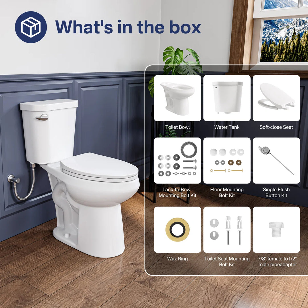 White two-piece toilet kit with bowl, tank, soft-close seat, and hardware.