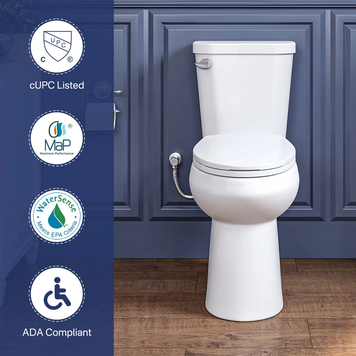 White ADA compliant toilet with cUPC and WaterSense certifications.